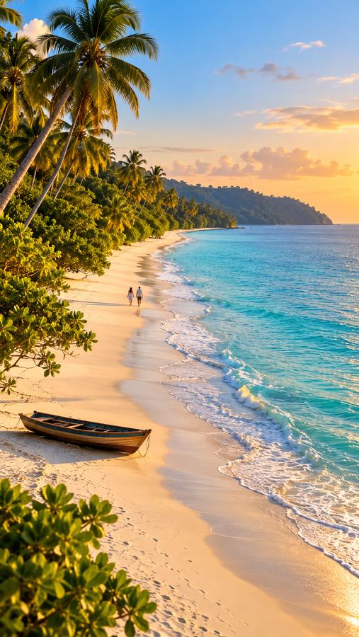 Couple walking on a palm-lined Andaman beach at sunset