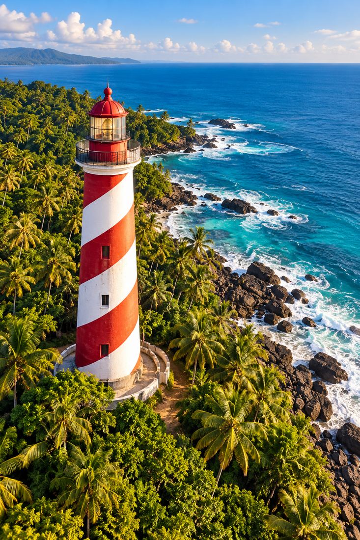 Red and white lighthouse above the sea in the Andaman Islands
