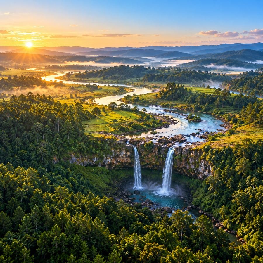 Twin waterfalls in a forested valley at sunrise