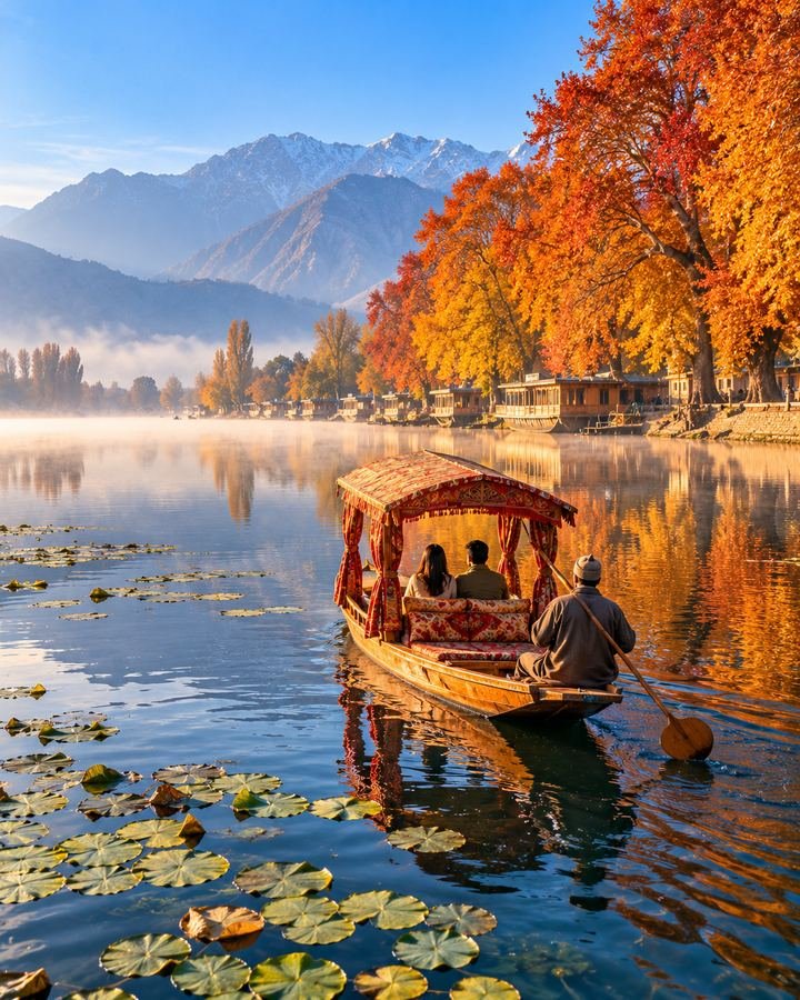 Shikara on Dal Lake in autumn, Kashmir
