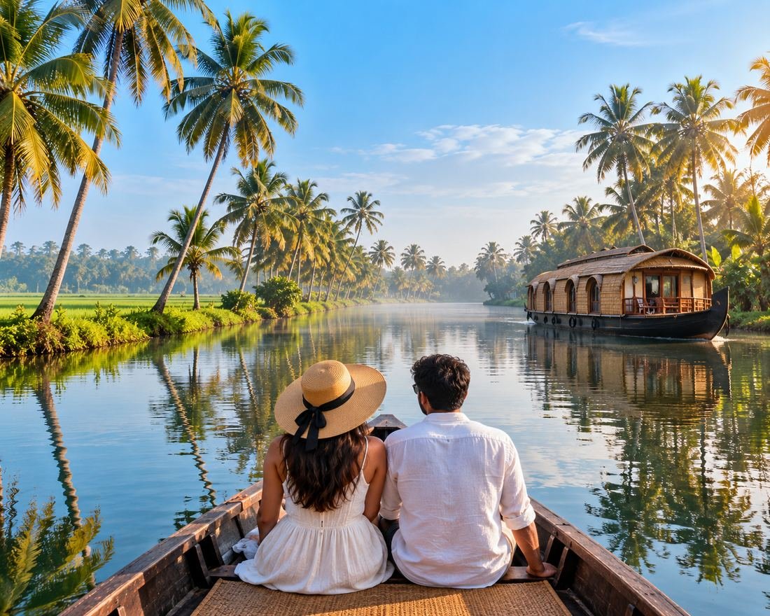 Couple in a canoe watching a Kerala houseboat
