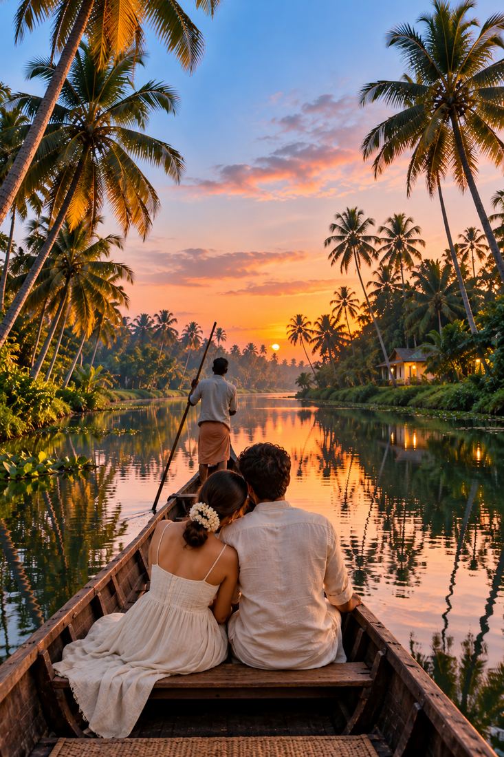 Couple in a canoe on the Kerala backwaters at sunset
