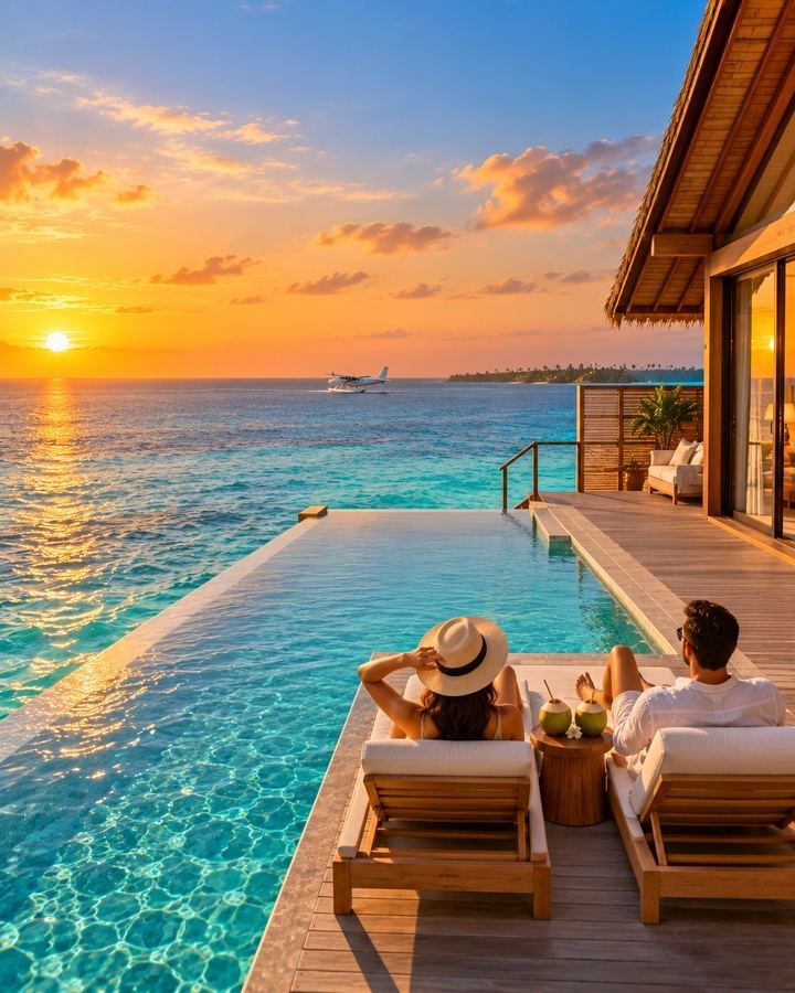 Couple by an overwater pool villa at sunset