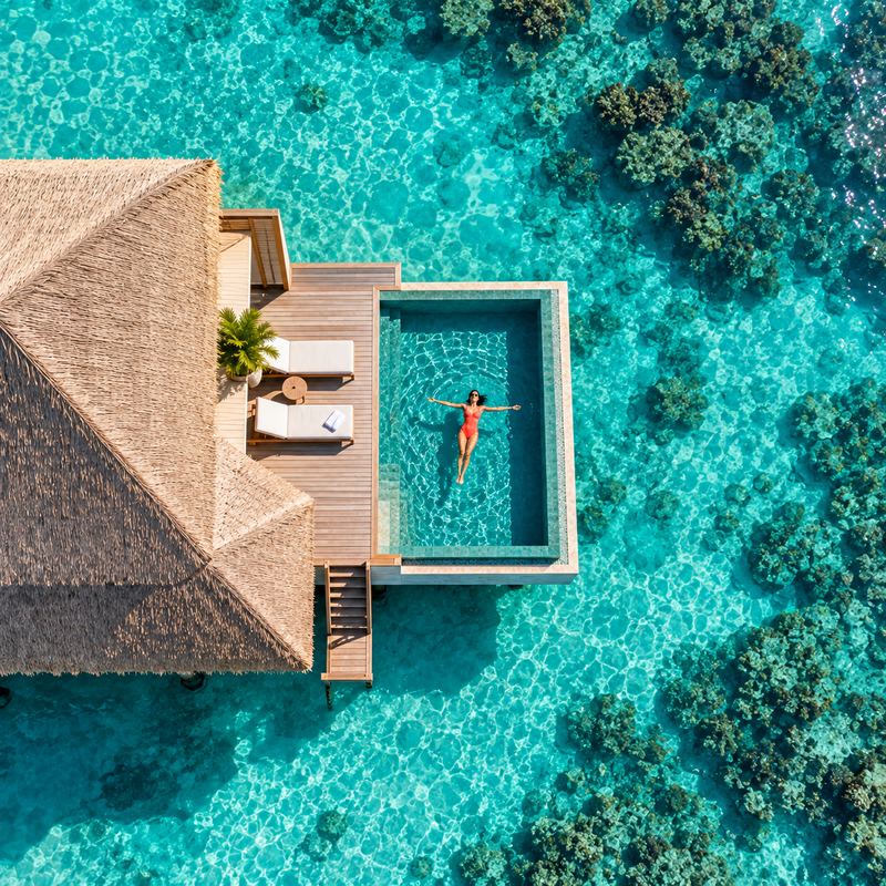 Overwater pool villa in the Maldives from above