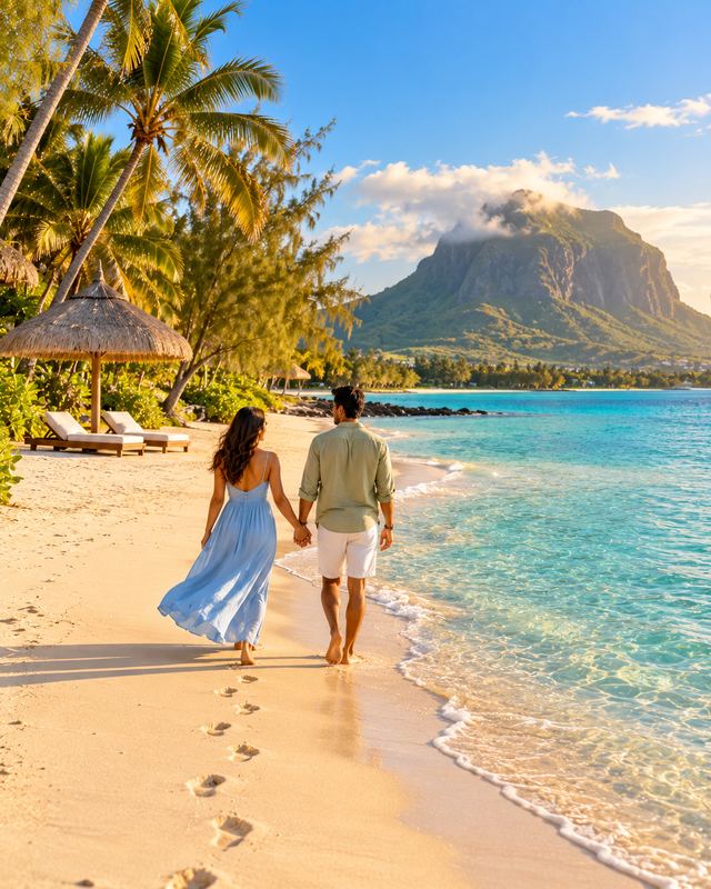 Couple walking on a Mauritius beach below Le Morne