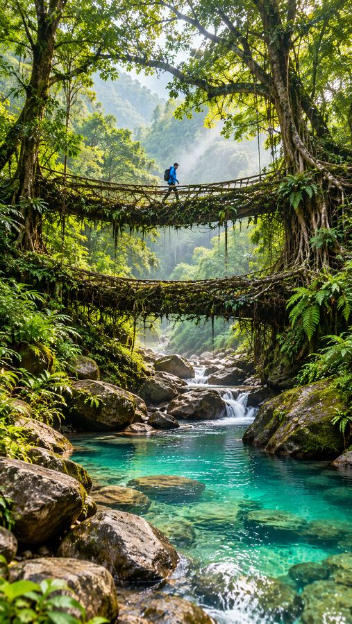 Living root bridge over a clear stream in Meghalaya
