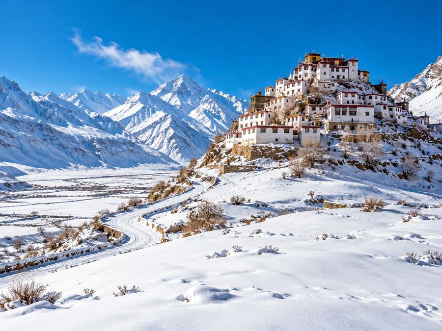 Snow covered Key Monastery in Spiti