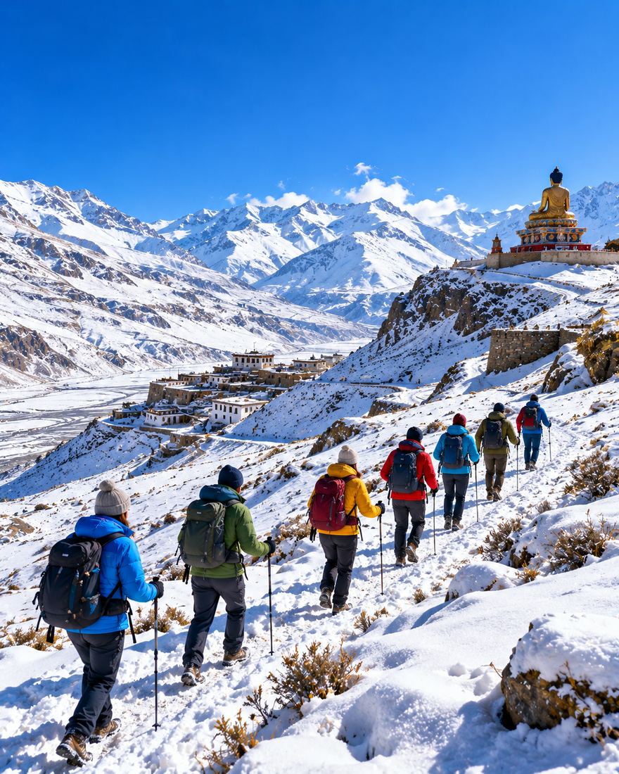 Group of trekkers on a snowy trail in Spiti valley