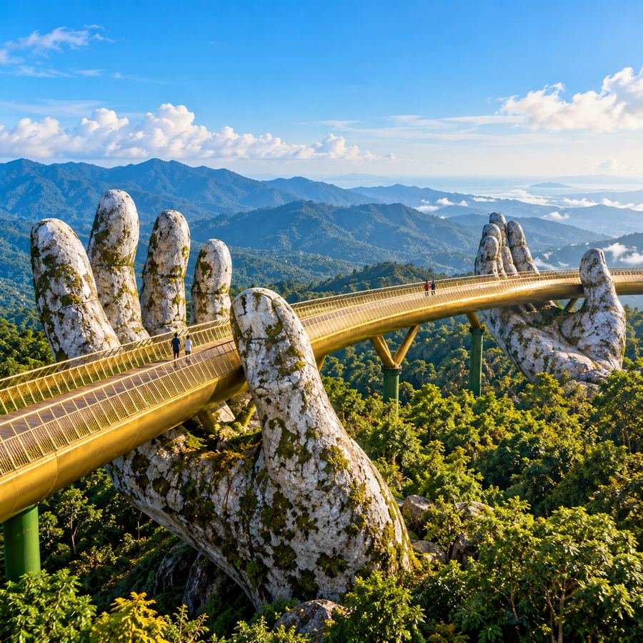 Golden Bridge held by stone hands in Vietnam